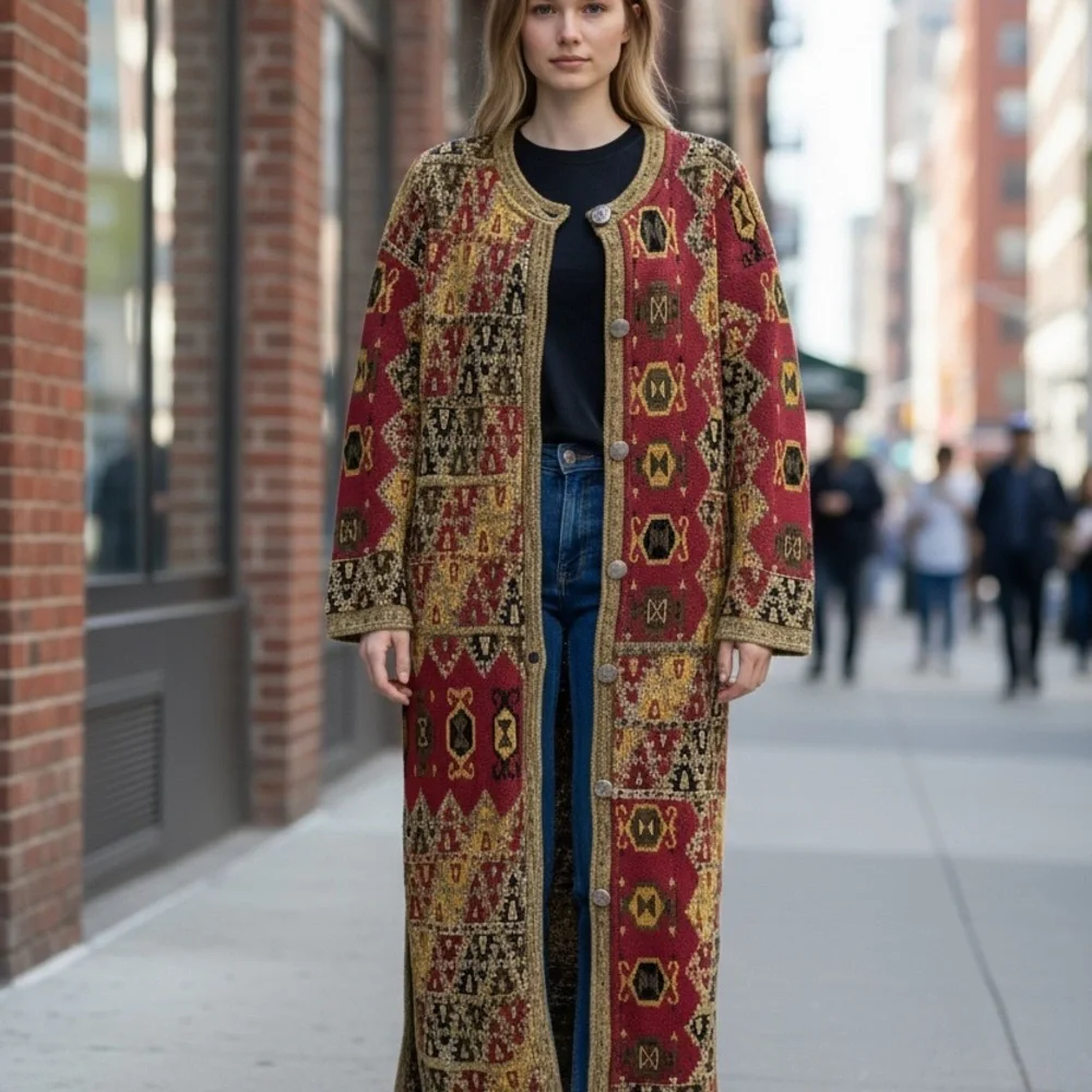 Soft Surroundings Multicolor Tapestry Long Sleeve Maxi Length Buttoned Cardigan‎